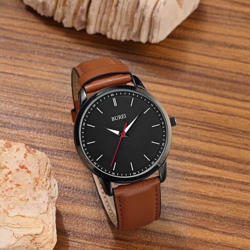 BUREI Men‘s 44mm Large Dial Watch, Ultra-Thin Lightweight Quartz Wristwatch, Genuine Leather Strap, 3ATM Waterproof Minimalist Dress Watch for Business Casual, Gift for Dad Husband in Kuwait