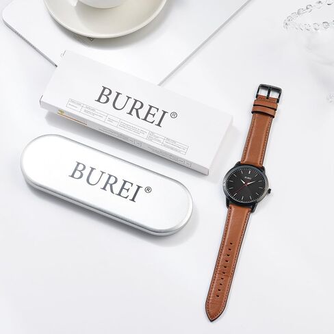 BUREI Men‘s 44mm Large Dial Watch, Ultra-Thin Lightweight Quartz Wristwatch, Genuine Leather Strap, 3ATM Waterproof Minimalist Dress Watch for Business Casual, Gift for Dad Husband in Kuwait