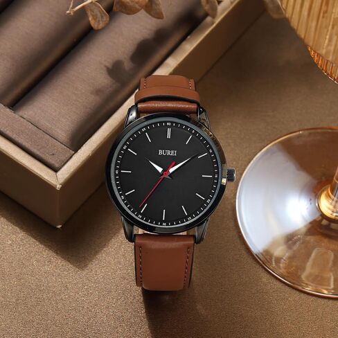 BUREI Men‘s 44mm Large Dial Watch, Ultra-Thin Lightweight Quartz Wristwatch, Genuine Leather Strap, 3ATM Waterproof Minimalist Dress Watch for Business Casual, Gift for Dad Husband in Kuwait