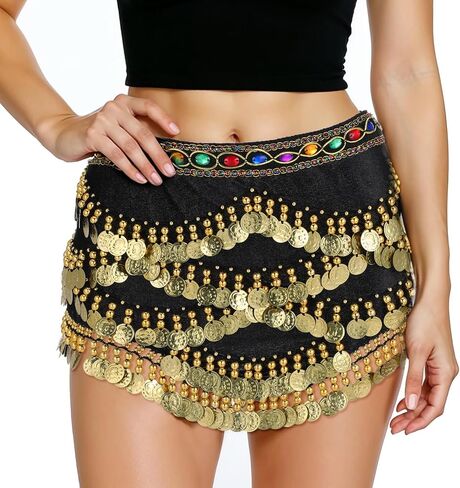 Women's Belly Dance Hip Scarf, Belly Dance Skirt Performance Skirt Wrap with Sequins Colorful Gemstone & Coins in Saudi Arabia