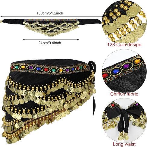Women's Belly Dance Hip Scarf, Belly Dance Skirt Performance Skirt Wrap with Sequins Colorful Gemstone & Coins in Saudi Arabia