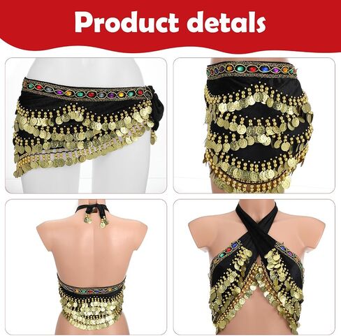 Women's Belly Dance Hip Scarf, Belly Dance Skirt Performance Skirt Wrap with Sequins Colorful Gemstone & Coins in Saudi Arabia