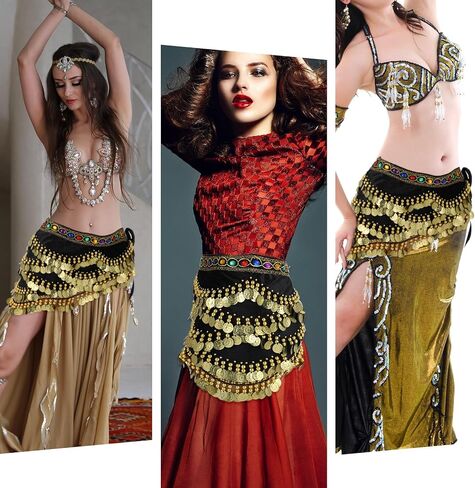 Women's Belly Dance Hip Scarf, Belly Dance Skirt Performance Skirt Wrap with Sequins Colorful Gemstone & Coins in Saudi Arabia