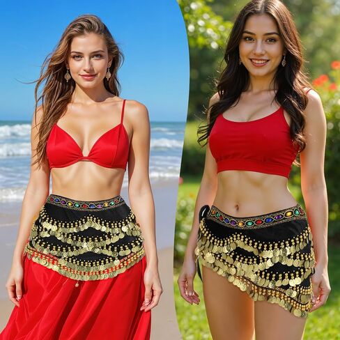 Women's Belly Dance Hip Scarf, Belly Dance Skirt Performance Skirt Wrap with Sequins Colorful Gemstone & Coins in Saudi Arabia
