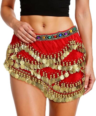 Women's Belly Dance Hip Scarf, Belly Dance Skirt Performance Skirt Wrap with Sequins Colorful Gemstone & Coins in Saudi Arabia