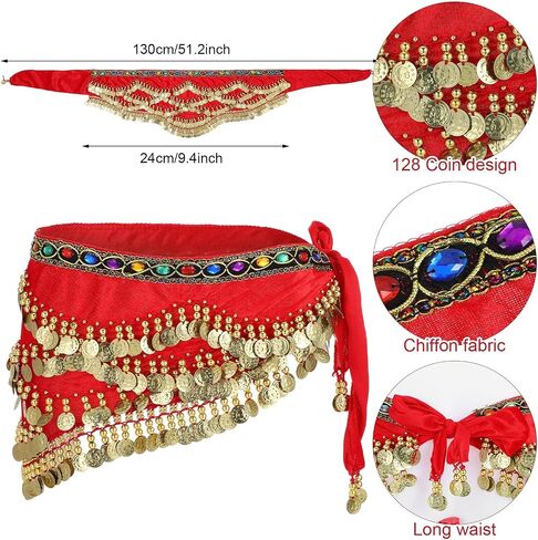 Women's Belly Dance Hip Scarf, Belly Dance Skirt Performance Skirt Wrap with Sequins Colorful Gemstone & Coins in Saudi Arabia