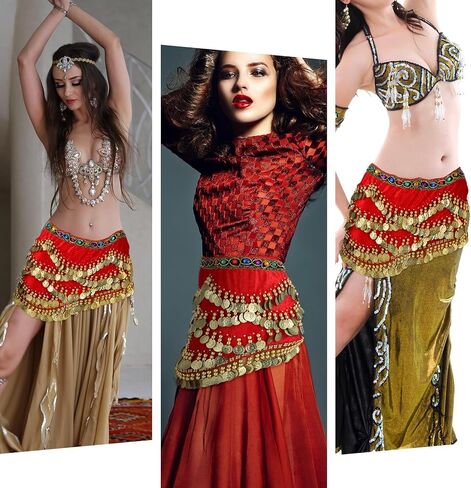 Women's Belly Dance Hip Scarf, Belly Dance Skirt Performance Skirt Wrap with Sequins Colorful Gemstone & Coins in Saudi Arabia