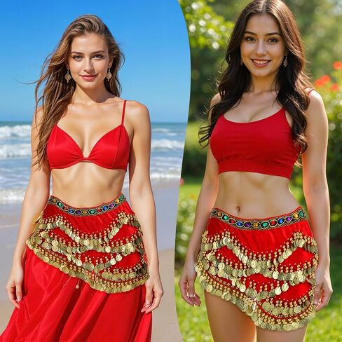 Women's Belly Dance Hip Scarf, Belly Dance Skirt Performance Skirt Wrap with Sequins Colorful Gemstone & Coins in Saudi Arabia