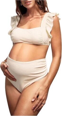 OYOANGLE Women's 2 Piece Maternity Bikini Sets Square Neck High Waist Swimsuit Summer Casual Bathing Suit in Kuwait