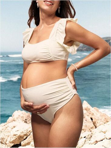 OYOANGLE Women's 2 Piece Maternity Bikini Sets Square Neck High Waist Swimsuit Summer Casual Bathing Suit in Kuwait