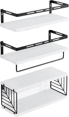 LiveGo 3+1 Floating Shelves for Wall, Bathroom Shelves Over Toilet with Metal Frame and Towel Bar for Kitchen, Bedroom, Living Room, Wall Shelves Organizers and Storage (White) in Kuwait