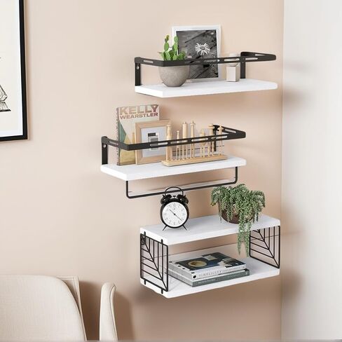 LiveGo 3+1 Floating Shelves for Wall, Bathroom Shelves Over Toilet with Metal Frame and Towel Bar for Kitchen, Bedroom, Living Room, Wall Shelves Organizers and Storage (White) in Kuwait
