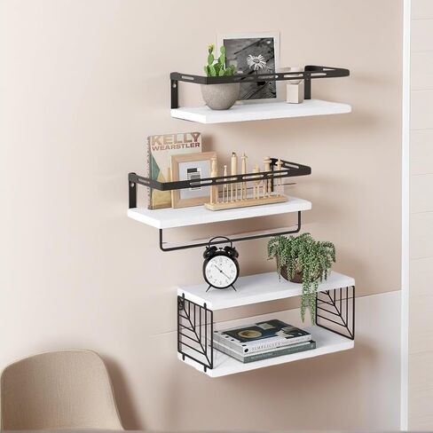 LiveGo 3+1 Floating Shelves for Wall, Bathroom Shelves Over Toilet with Metal Frame and Towel Bar for Kitchen, Bedroom, Living Room, Wall Shelves Organizers and Storage (White) in Kuwait