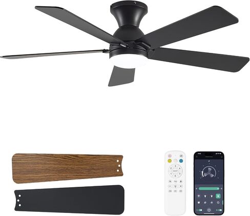 Ceiling Fans with Lights and Remote, 48 Inch Ceiling Fan with Light, Low Profile Reversible Fandelier Ceiling Fan, Dimmable LED, Flush Mount, Quiet DC Motor, for Bedroom Kitchen Dining Room in Saudi Arabia