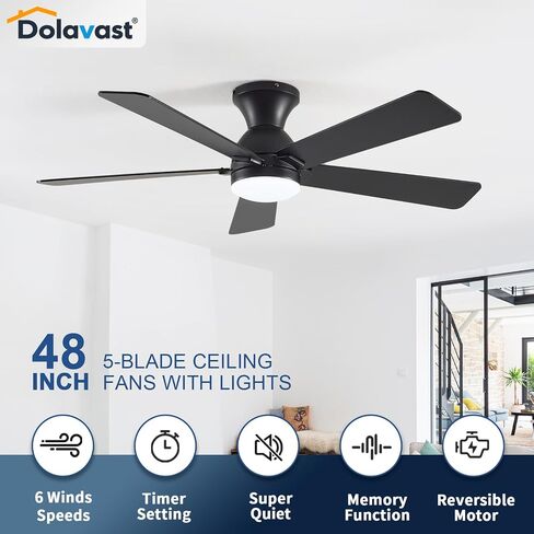 Ceiling Fans with Lights and Remote, 48 Inch Ceiling Fan with Light, Low Profile Reversible Fandelier Ceiling Fan, Dimmable LED, Flush Mount, Quiet DC Motor, for Bedroom Kitchen Dining Room in Saudi Arabia