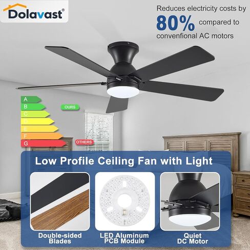 Ceiling Fans with Lights and Remote, 48 Inch Ceiling Fan with Light, Low Profile Reversible Fandelier Ceiling Fan, Dimmable LED, Flush Mount, Quiet DC Motor, for Bedroom Kitchen Dining Room in Saudi Arabia