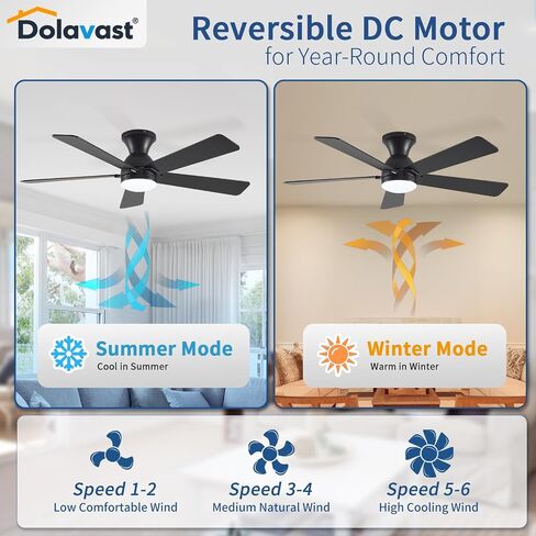 Ceiling Fans with Lights and Remote, 48 Inch Ceiling Fan with Light, Low Profile Reversible Fandelier Ceiling Fan, Dimmable LED, Flush Mount, Quiet DC Motor, for Bedroom Kitchen Dining Room in Saudi Arabia