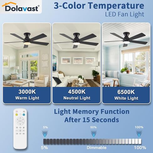 Ceiling Fans with Lights and Remote, 48 Inch Ceiling Fan with Light, Low Profile Reversible Fandelier Ceiling Fan, Dimmable LED, Flush Mount, Quiet DC Motor, for Bedroom Kitchen Dining Room in Saudi Arabia