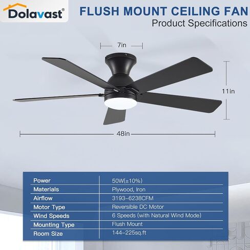 Ceiling Fans with Lights and Remote, 48 Inch Ceiling Fan with Light, Low Profile Reversible Fandelier Ceiling Fan, Dimmable LED, Flush Mount, Quiet DC Motor, for Bedroom Kitchen Dining Room in Saudi Arabia