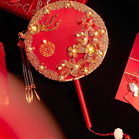 Red Yarn Flower Round Fan, Vintage with Tassel Chinese Wedding Bridal Handheld Fan, Drama Theater Stage Performance Props in Saudi Arabia