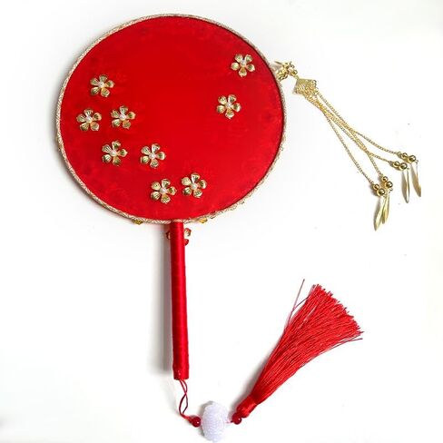 Red Yarn Flower Round Fan, Vintage with Tassel Chinese Wedding Bridal Handheld Fan, Drama Theater Stage Performance Props in Saudi Arabia