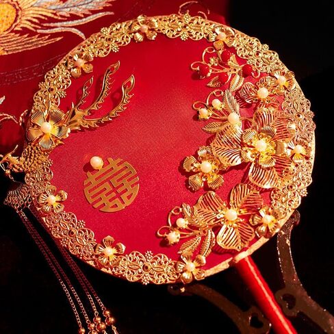 Red Yarn Flower Round Fan, Vintage with Tassel Chinese Wedding Bridal Handheld Fan, Drama Theater Stage Performance Props in Saudi Arabia