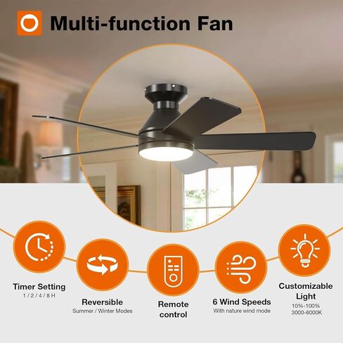 addlon Ceiling Fans with Lights, 42 Inch Low Profile Ceiling Fan with Light and Remote Control, Flush Mount, Reversible, 3CCT, Dimmable, Quiet, Black Small Ceiling Fan for Bedroom Indoor/Outdoor Use in Saudi Arabia
