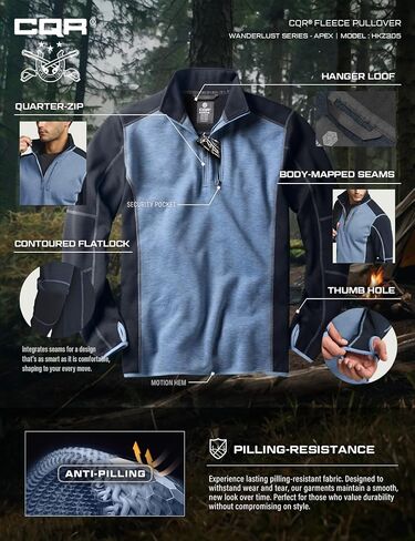 CQR Men's Quarter Zip Utility Fleece Pullover ، سترة حرارية غير رسمية في الهواء الطلق ، جيب سحاب الصدر ، غلاف طويل. in Kuwait