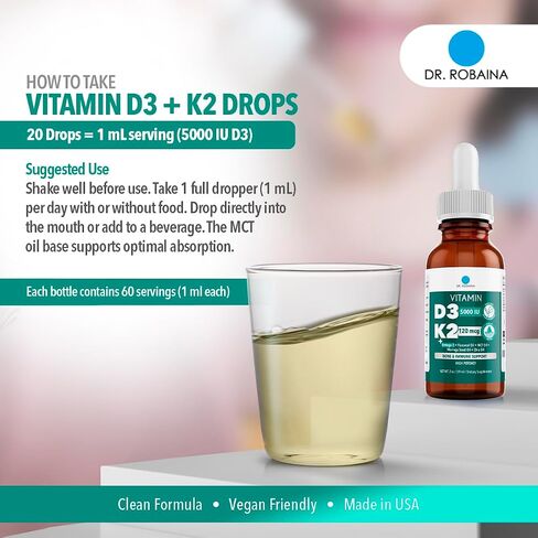 د. روبينا فيتامين D3 + K2 قطرات-ملحق Levegan MCT Oil Siled ، 5000 وحدة دولية D3 و 120 MCG MK-7 ، فيتامين D اليومية تحت اللسان D و K. in Kuwait