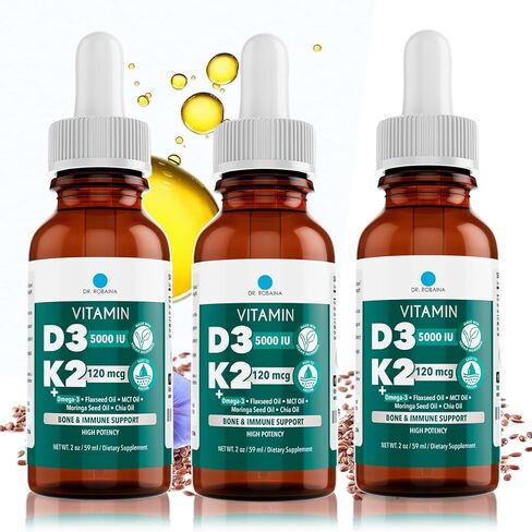 Dr. Robaina Vitamin D3 + K2 Drops – Vegan MCT Oil Liquid Supplement, 5000 IU D3 & 120 mcg MK-7, Sublingual Daily Vitamin D and K in Kuwait