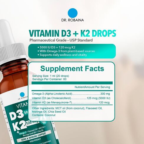 د. روبينا فيتامين D3 + K2 قطرات-ملحق Levegan MCT Oil Siled ، 5000 وحدة دولية D3 و 120 MCG MK-7 ، فيتامين D اليومية تحت اللسان D و K. in Kuwait