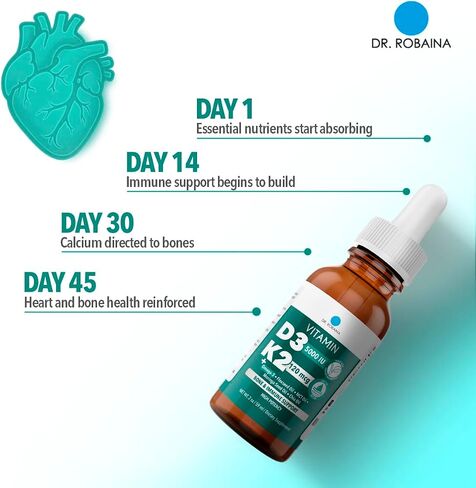 د. روبينا فيتامين D3 + K2 قطرات-ملحق Levegan MCT Oil Siled ، 5000 وحدة دولية D3 و 120 MCG MK-7 ، فيتامين D اليومية تحت اللسان D و K. in Kuwait