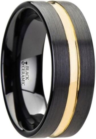 Rings Vivaldi Black Ceramic Wedding Band with Yellow Gold Groove - 4mm to 8mm in Saudi Arabia