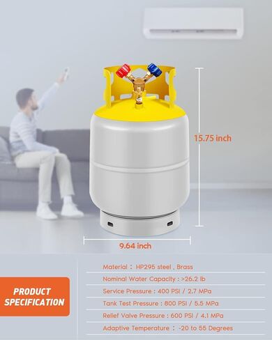 Fahkns خزان استرداد المبرد 30 رطل مع 1/4 Sae y-valve التبريد فريون استرداد الخزان رمادي صفراء أسطوانة قابلة لإعادة الاستخدام دون تبديل تعويم R12 R22 ، R134a ، R410a إلخ in Saudi Arabia