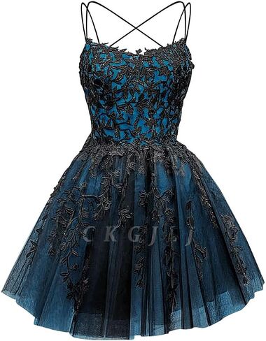 Spaghetti Strap Tulle Short Homecoming Dresses 2025 for Teens Glitter Lace Appliques Pockets Gothic Prom Dress in Saudi Arabia