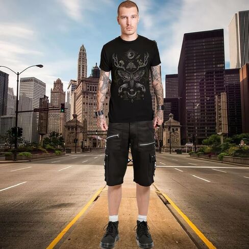 Men Black Punk Shorts Gothic Black Cotton Shorts Punk Emo Shorts with Zipper/USA in Saudi Arabia