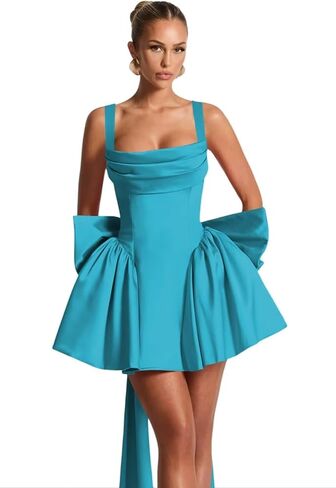 VOfuter Short Satin Homecoming Dresses with Bow Spaghetti Straps Prom Cocktail Mini Cowl Neck Dress for Teens in Kuwait