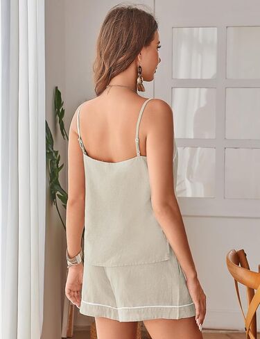 النساء بنسبة 100 ٪ من الكتان 2 قطعة صيفية V-neck قابلة للتعديل مع تعديل الحزام سراويل أعلى الخصر العالي مع الجيب in Kuwait