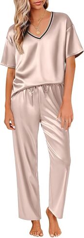 Ekouaer Satin Pajama Set for Women Short Sleeve Silky Pjs 2 Piece Lounge Sets Soft Comfy Sleepwear Loungewear S-XXL in Kuwait