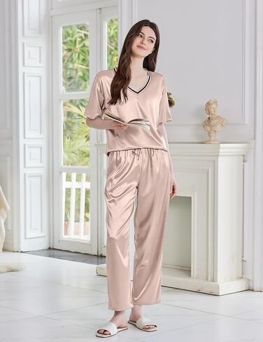 Ekouaer Satin Pajama Set for Women Short Sleeve Silky Pjs 2 Piece Lounge Sets Soft Comfy Sleepwear Loungewear S-XXL in Kuwait
