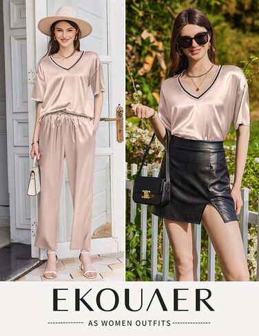 Ekouaer Satin Pajama Set for Women Short Sleeve Silky Pjs 2 Piece Lounge Sets Soft Comfy Sleepwear Loungewear S-XXL in Kuwait