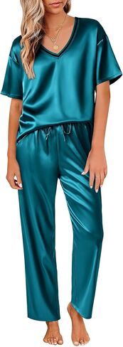 Ekouaer Satin Pajama مجموعة للمرأة قصيرة الأكمام حريري PJS 2 قطعة مجموعات صالة ناعمة مريحة للملابس السليمة S-XXL in Saudi Arabia