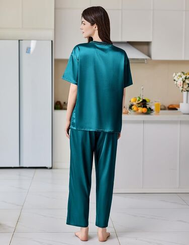 Ekouaer Satin Pajama مجموعة للمرأة قصيرة الأكمام حريري PJS 2 قطعة مجموعات صالة ناعمة مريحة للملابس السليمة S-XXL in Saudi Arabia