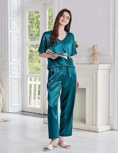 Ekouaer Satin Pajama مجموعة للمرأة قصيرة الأكمام حريري PJS 2 قطعة مجموعات صالة ناعمة مريحة للملابس السليمة S-XXL in Saudi Arabia