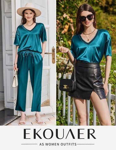 Ekouaer Satin Pajama مجموعة للمرأة قصيرة الأكمام حريري PJS 2 قطعة مجموعات صالة ناعمة مريحة للملابس السليمة S-XXL in Saudi Arabia
