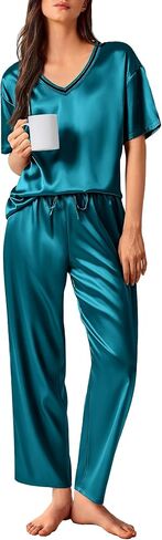 Ekouaer Satin Pajama مجموعة للمرأة قصيرة الأكمام حريري PJS 2 قطعة مجموعات صالة ناعمة مريحة للملابس السليمة S-XXL in Saudi Arabia