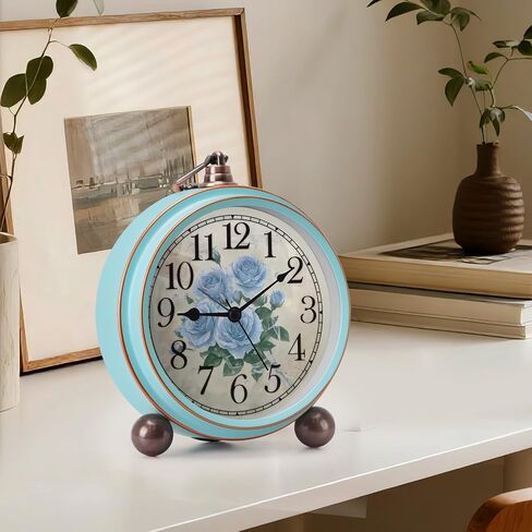 Vintage Alarm Clock, Silent Non Ticking Desk Clock, Battery Operated Small Table Clock, Decorative Round Analog Clock for Bedroom, Living Room (Blue) in Kuwait