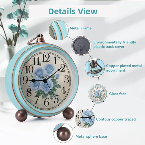 Vintage Alarm Clock, Silent Non Ticking Desk Clock, Battery Operated Small Table Clock, Decorative Round Analog Clock for Bedroom, Living Room (Blue) in Kuwait