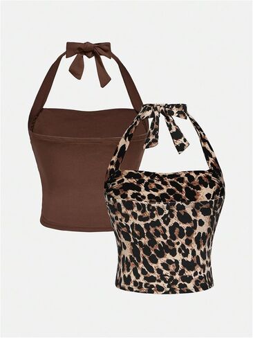 SOLY HUX Girl's 2 Piece Halter Tank Top Leopard Print Ruched Tie Backless Sleeveless Y2k Tops in Saudi Arabia