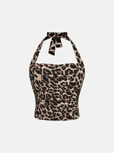 SOLY HUX Girl's 2 Piece Halter Tank Top Leopard Print Ruched Tie Backless Sleeveless Y2k Tops in Saudi Arabia